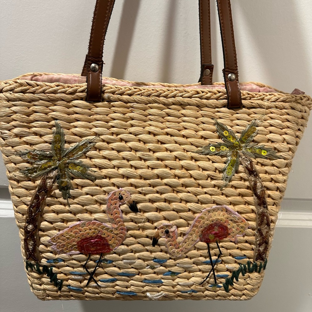 Vintage Cappelli Straworld Woven Flamingo Rattan Straw Tote Bag